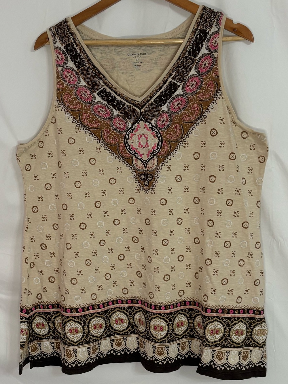 Charter Club Cream/Pink/Brown Boho Print Sleeveless V-Neck Tank/Blouse - Size 2X - Picture 2 of 14